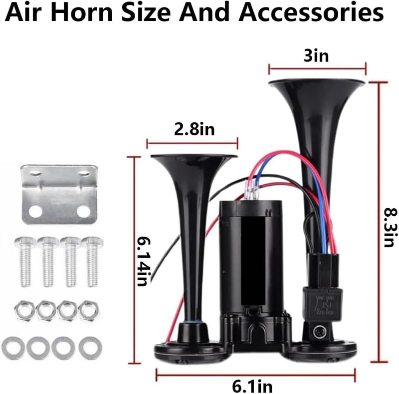 Onimento 12V 600DB Super Loud Dual Electric Air Horns Kit with Compressor Applicablefor Any 12V Vehicles SUV Truck Car Airhorns Horn Loud Motorcycle Trucks Boats Trains Speaker (Black) - Image 2